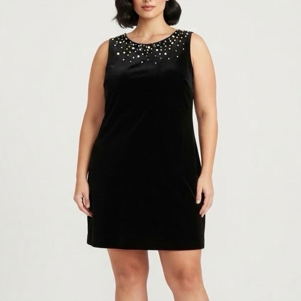 Chico's Black Velvet Pearl Rhinestone Dress Cocktail Party Sleeveless Shift 3/16
